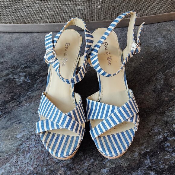 Eva & Zoe Blue/White Striped Sexy 1940s Cork Wedge Sandals Size 8 - Picture 9 of 16